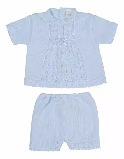 Dandelion Spanish Style Baby Boy Blue White Knitted Cardigan Short and Top Set.