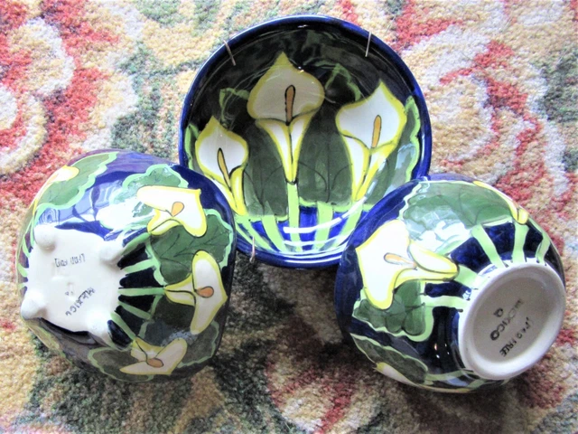 Talavera Mexico Pottery  PLATES calla 3 Lily bowls dishes cobalt Blue Green