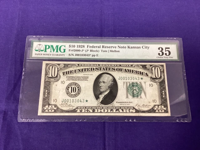 1928 $10 Federal Reserve Note Kansas City, MO FR#2000-J - *STAR* Note - PMG 35