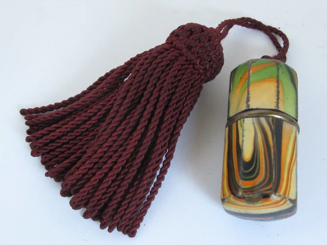 Antique Sewing Case Holder Painted Enamel Brass w/ Tassel