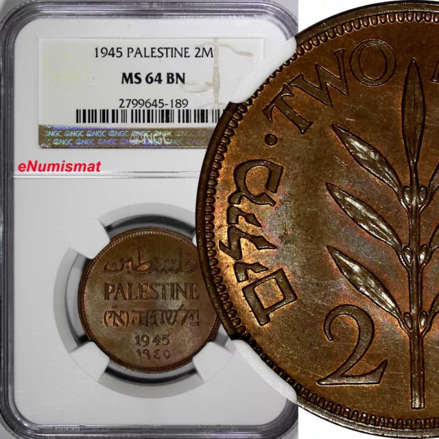 Palestine British Mandate Bronze 1945 2 Mils NGC MS64BN KEY DATE KM# 2 (89)