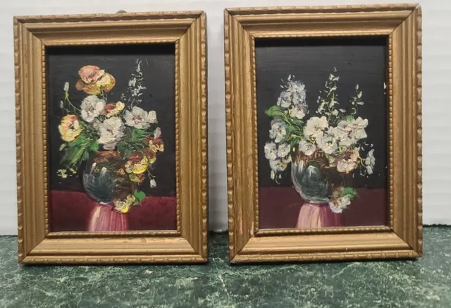 Vintage G F Bastian Original Oil Painting Pair "Garden Flowers" Signed 4x3"