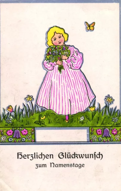 Namenstag, Mädchen, Blumen, Schmetterling, um 1920