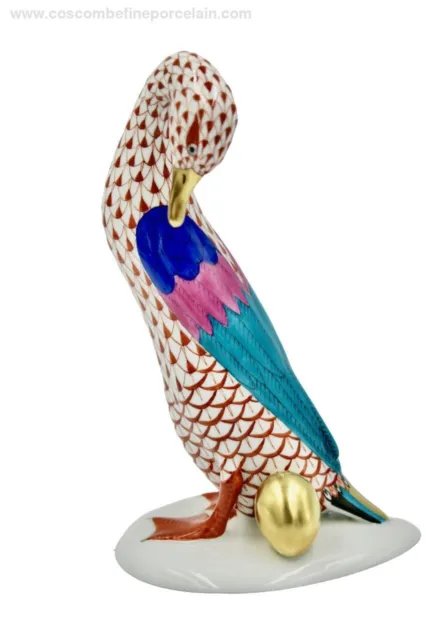 Superb Herend Porcelain Figurine Goose Golden Egg Red Fishnet