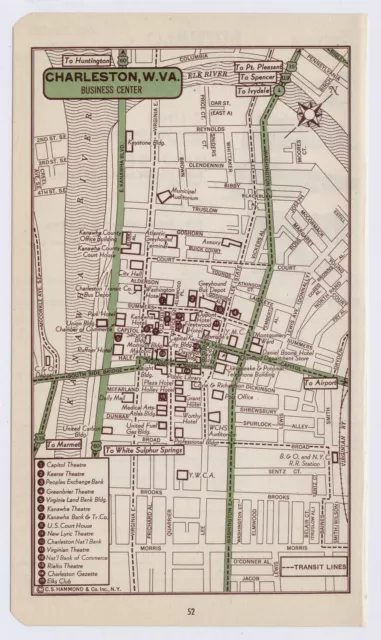 1951 Original Vintage Map Of Charleston West Virginia Downtown Business Center