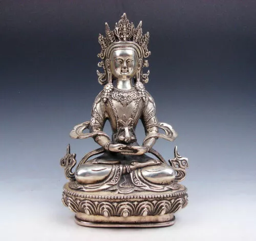 Vintage Tibetan Silver Plated Copper Crafted LARGE Long-Life Longevity Buddha