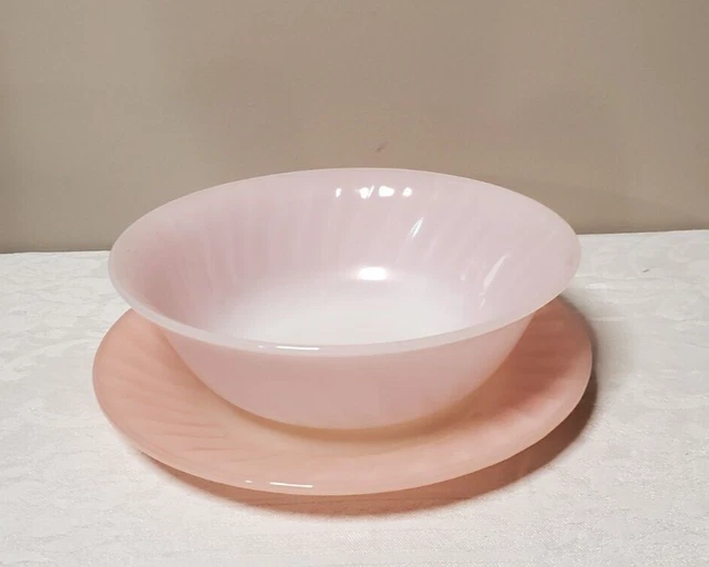 VINTAGE FIREKING PINK Swirl Milk Glass Round Platter & Serving Bowl
