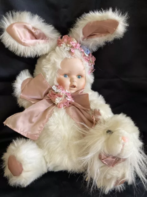 Porcelain Baby Face Bunny Rabbit Doll Lamb Vintage Stuffed Animal White Furry