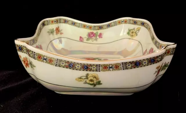 Iridescent Lustreware 8" Square Porcelain Bowl DF Czechoslovakia Peacock Roses 3