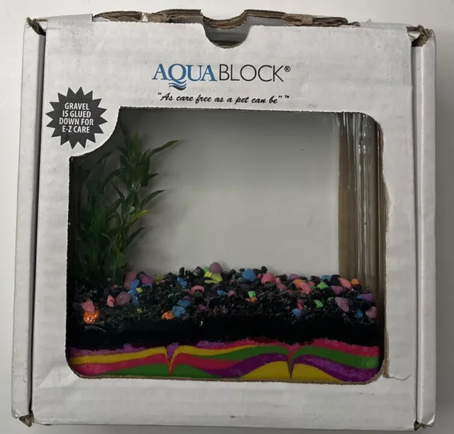 NEW AquaBlock Square Glass Block Betta Fish Tank Bowl w/ Plant and Gravel 10x10