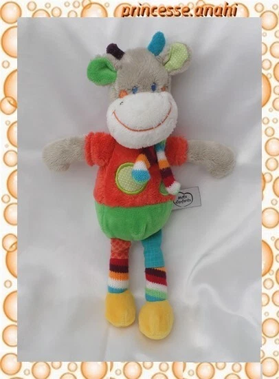 Doudou Peluche Vache Girafe Zoé Gris Vert Orange Ronds Mots D' Enfants