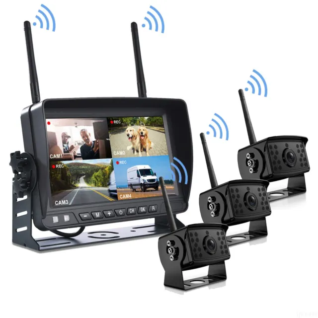 Digital Wireless 7'' Quad DVR Monitor 1080P 3x Backup Camera for Truck Trailer