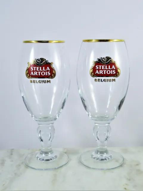 Stella Artois Beer Chalice 40cl Pair Gold Rimmed Glass Goblet Over 600 Years