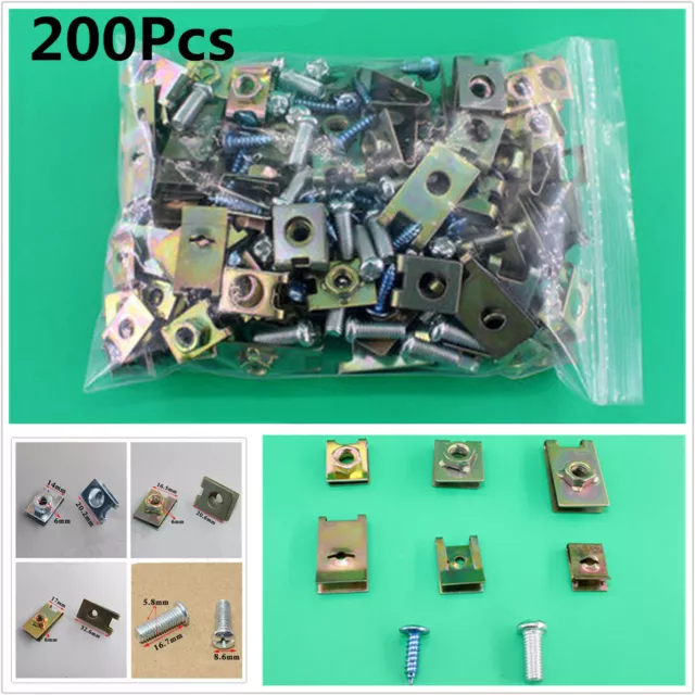 200Pcs Mixed Car Body Door Panel Fastener Fixed Screw U Type Gasket Fender Clips