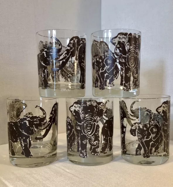 S/5 Vtg ELEPHANTS Safari Double Old Fashioned Cocktail Glasses by Tastesetter