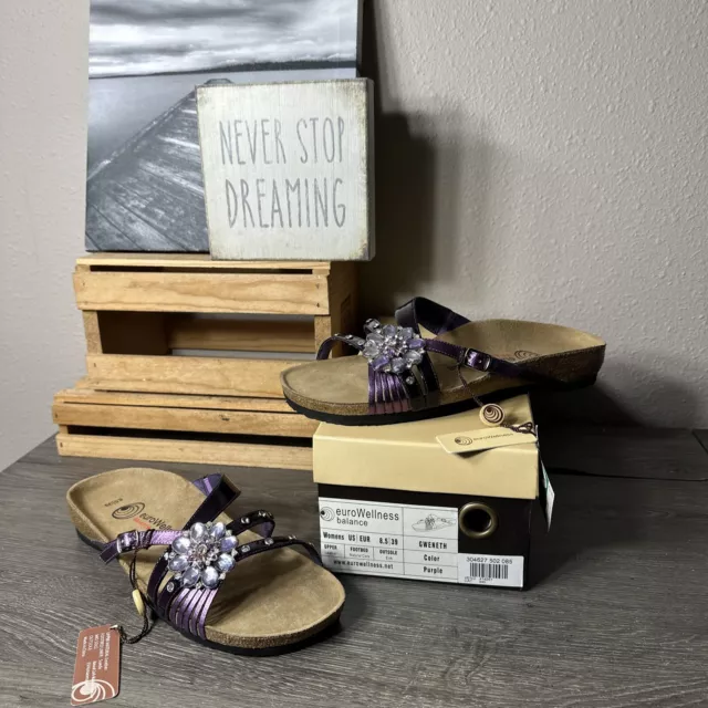 Euro Wellness Balance Gweneth Purple Leather Studded Sandals 8.5/39 New With Box
