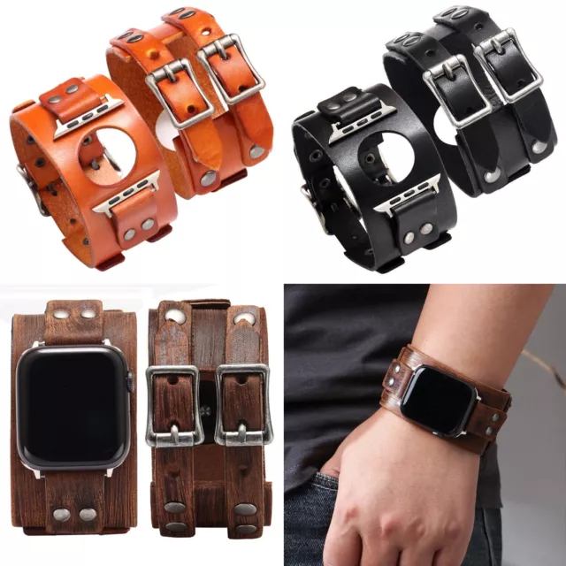 Wide Leather Watch Strap Cuff for Apple iWatch Series 9 8 7 6 5 3 SE 41/45/49mm