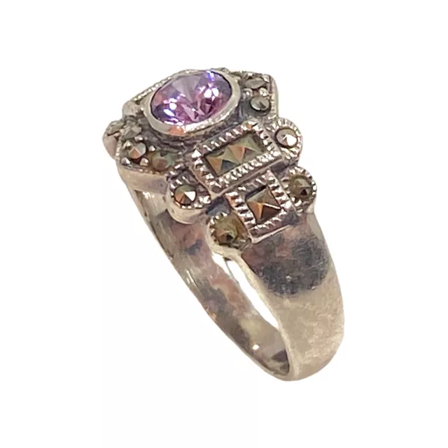 Vintage Ring Womens 6.5 Sterling Silver 925 Amethyst Marcasite Cocktail Art Deco 2