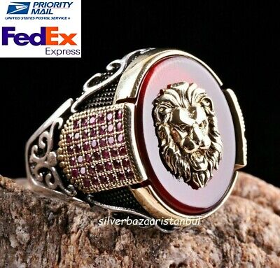 Turkish Jewelry 925 Sterling Silver Red Agate Aqeeq Ruby King Lion Mens Ring Usa