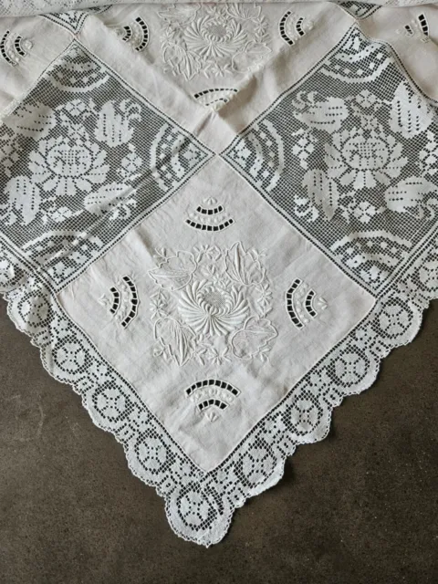 Machine Embroidered Tablecloth With Pink Cotton And Lace Squares 130x130cm