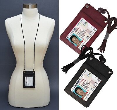 Men Women Leather ID Badge Holder Neck Strap Travel Lanyard Card Wallet Travel