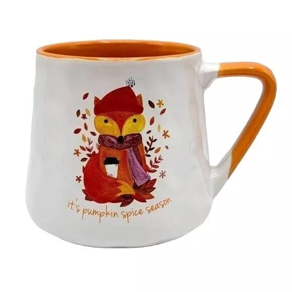 Nicole Miller Home Pumpkin Spice Season Fox Mug White Orange 4" Leaves Hat Scarf