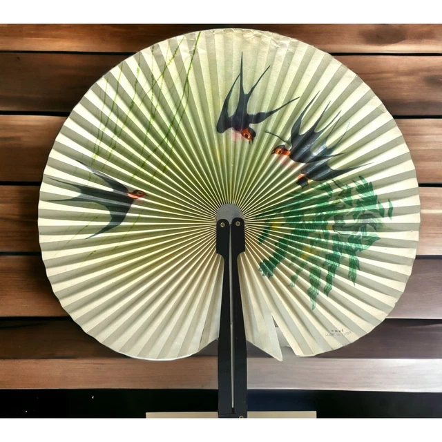 Vintage Chinese Paper Folding Fan Flying Birds Floral Round