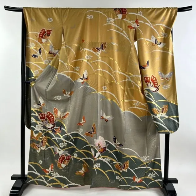 Japanese Kimono Furisode Pure Silk Butterfly Snow Grass Gold Paint Grayish Green