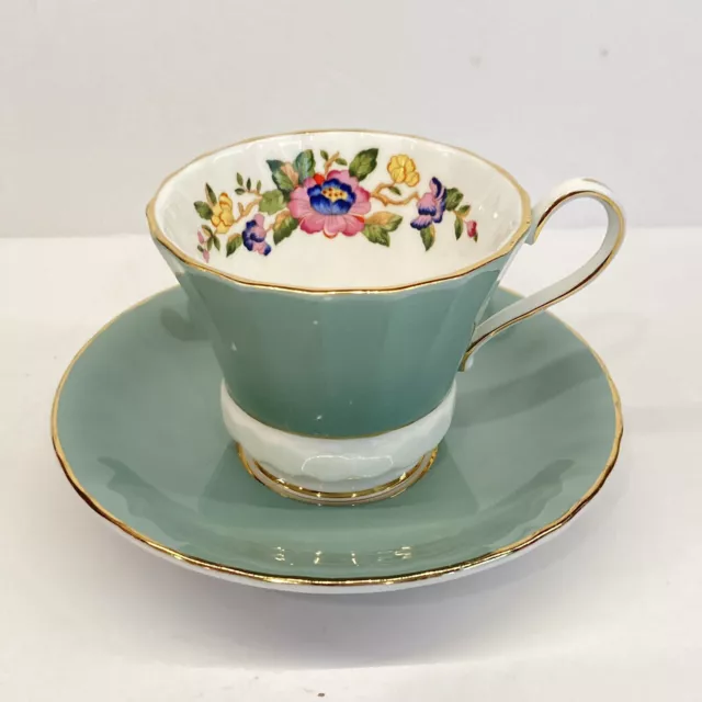 Vintage Aynsley Tea Cup and Saucer Floral Sage Green Gold Trim England 2970