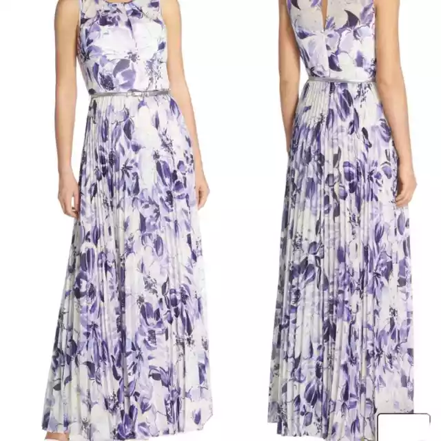 ELIZA J Women's 4 Floral Print Chiffon Pleated Maxi Dress Blue Cream Sleeveless