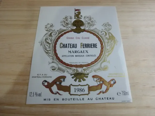 étiquette vin chateau Ferrière 1986 Margaux grand cru classé wine label