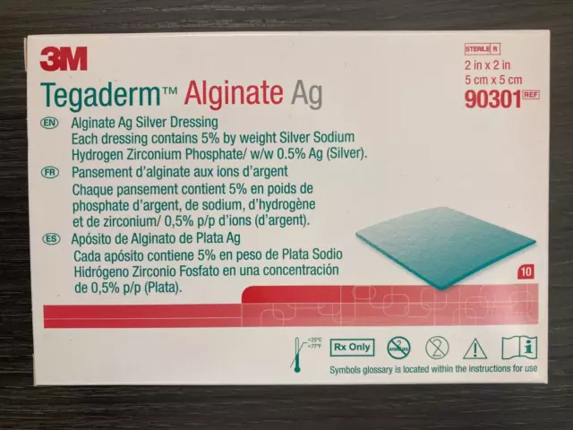 1 BX/10 EA - 3M Tegaderm Alginato Ag Aderezo Plateado 2"" x 2"" 90301 Totalmente Nuevo