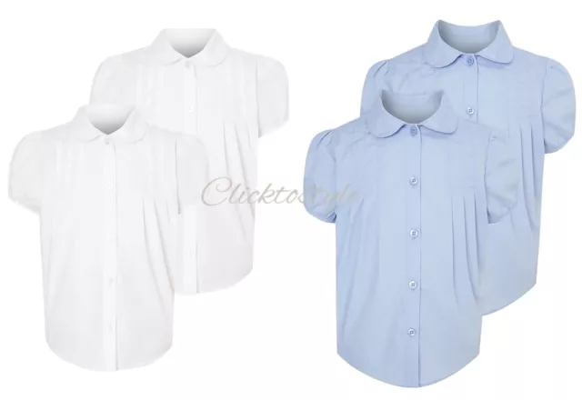 Pack of 2 Girls White Pintuck Short Sleeve School Shirts Women Uniform Blouse G