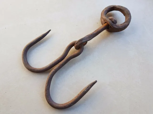 ANTIQUE 19th CENTURY Hand Forged Wrought Iron Hook Hanger Old Fireplace Vintage 3