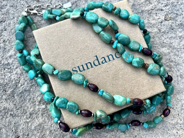 NEW $498 Sundance Signed Triple Turquoise Wood Sterling Silver Bead Necklace NWT