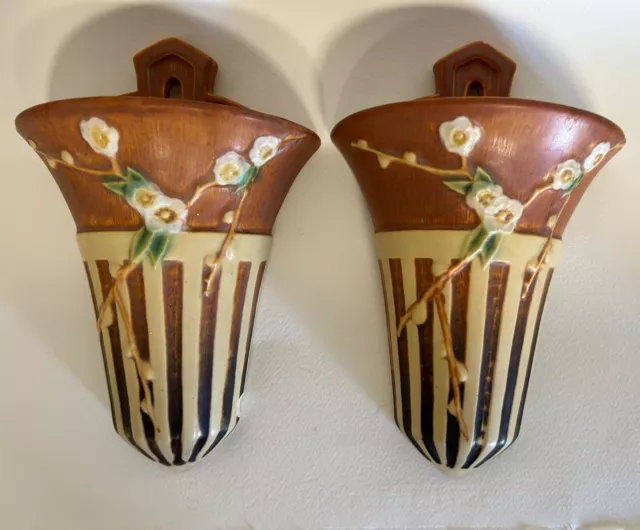 Rare pair of  Roseville Pottery Cherry Blossom Wall Pockets 1933 Beautiful