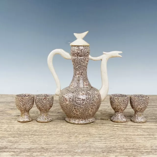 7.5" Antique Porcelain Marbled ware dynasty 1 set White pattern Teacup wine pot