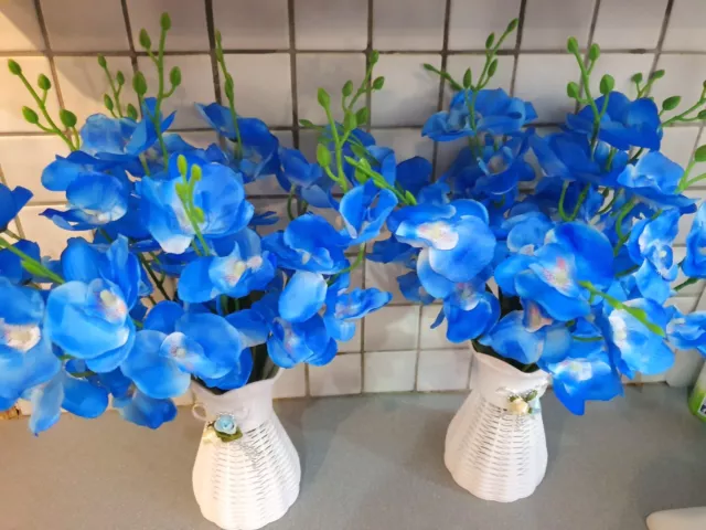 Pair of artificial large bunch blue orchid flower & vases Decorations