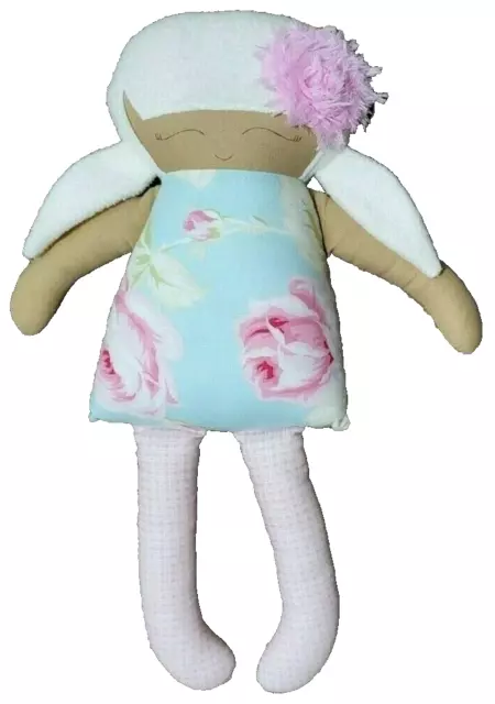 Alimrose Rag Doll Floral 15" Cloth Fabric Blue Pink Flower Plush Toy White Hair