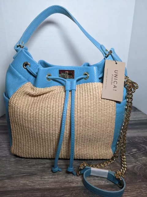 Unica Firenze Italian Leather Straw Handbag Light Blue NWT