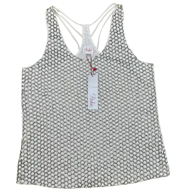 Parker Silk Beaded Sequin Racerback Tank Top White Silver NWT $297 Sz L