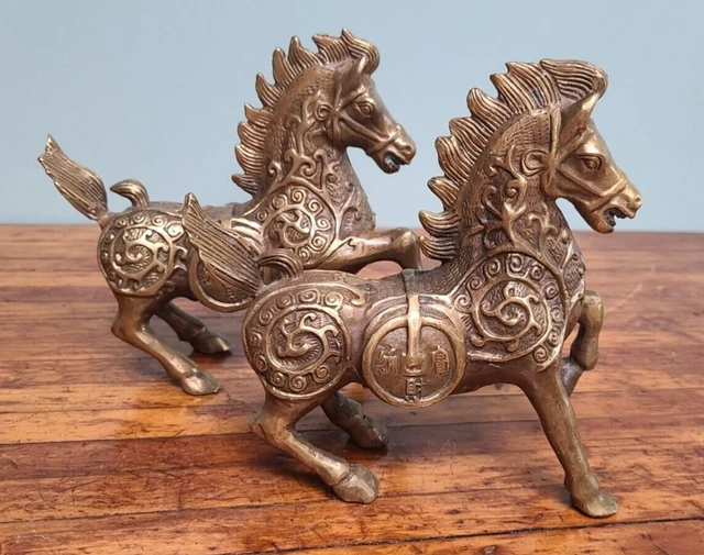 Asian Chinese Brass Feng shui War Horse Statues set of 2 Ornate