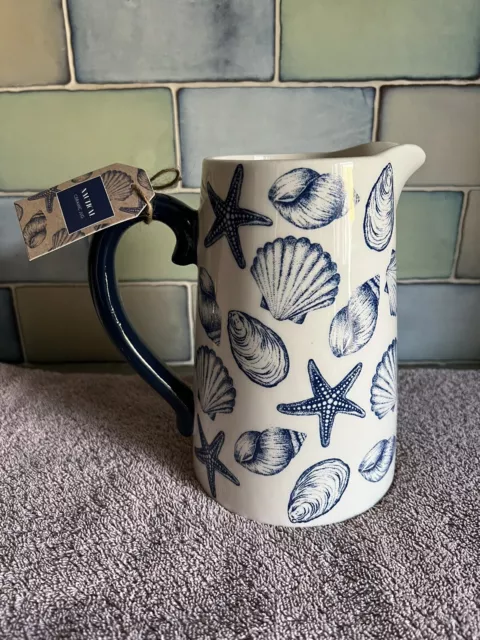 17cm Seashell Print White & Blue Ceramic Flower / Milk Jug Pitcher Vase