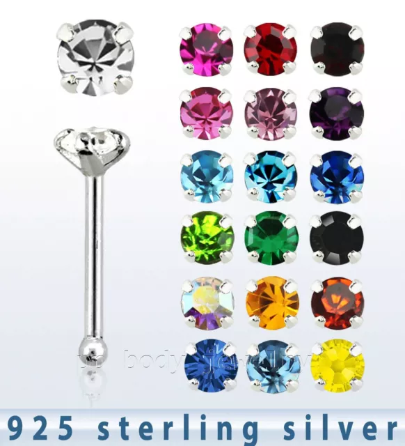 5pcs. 22G 2mm CZ Prong Set Nose Bone .925 Sterling Silver Nose Stud Ring