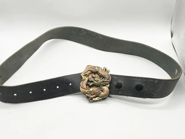 Vintage Leather Belt With Chinese Dragon Belt Buckle Bergamot Brass Works