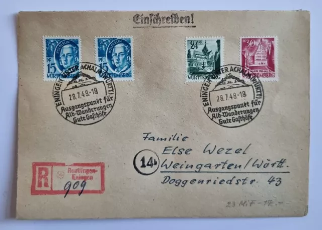 R -Einschreiben Brief - Franz. Zone - 4 Marken - Von Eningen n. Weingarten 1948