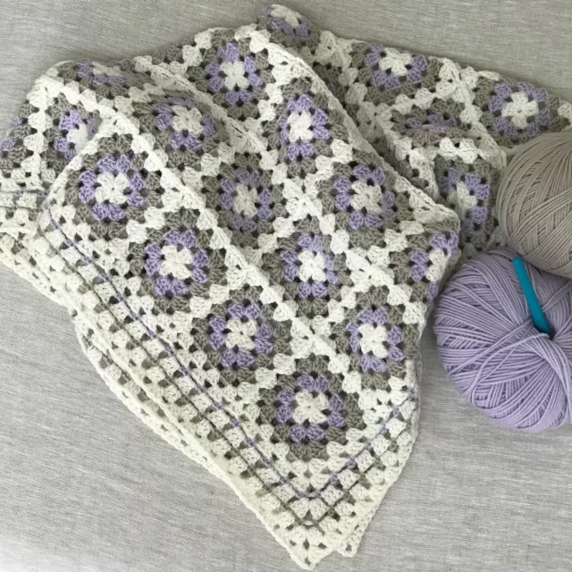 Baby Blanket Crochet Granny Square Lilac, Stone & Cream