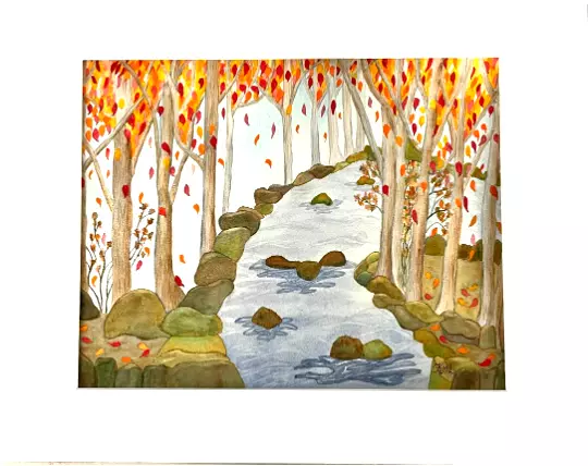 Painting Watercolor Art Original Autumn Trees Stream Landscape 11X14 Mat 16X20