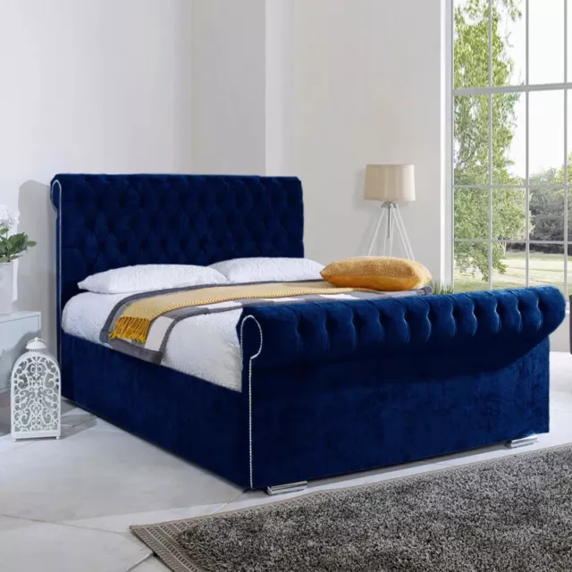 New Stylish Chesterfield Sleigh Upholstered Elegent Design Plush Velvet BedFrame