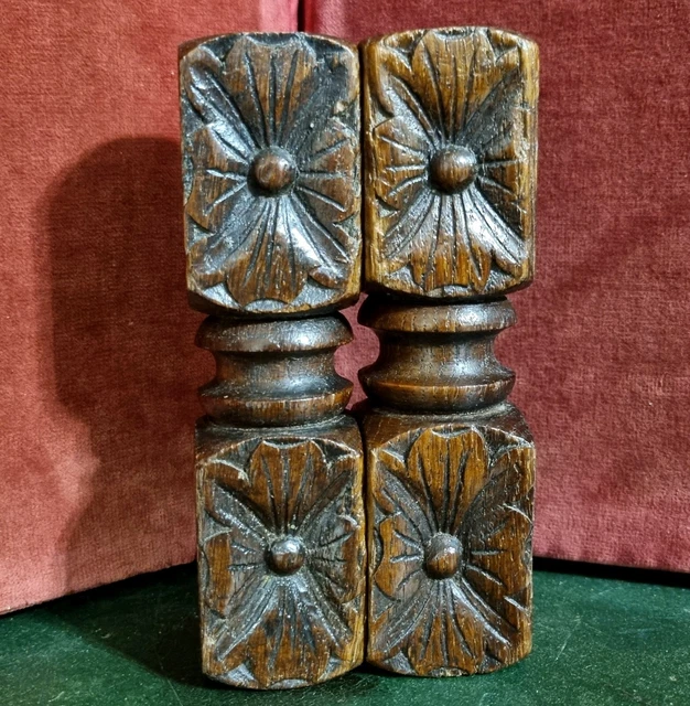 2 Victorian rosette wood carving Column Antique french architectural salvage 5"9